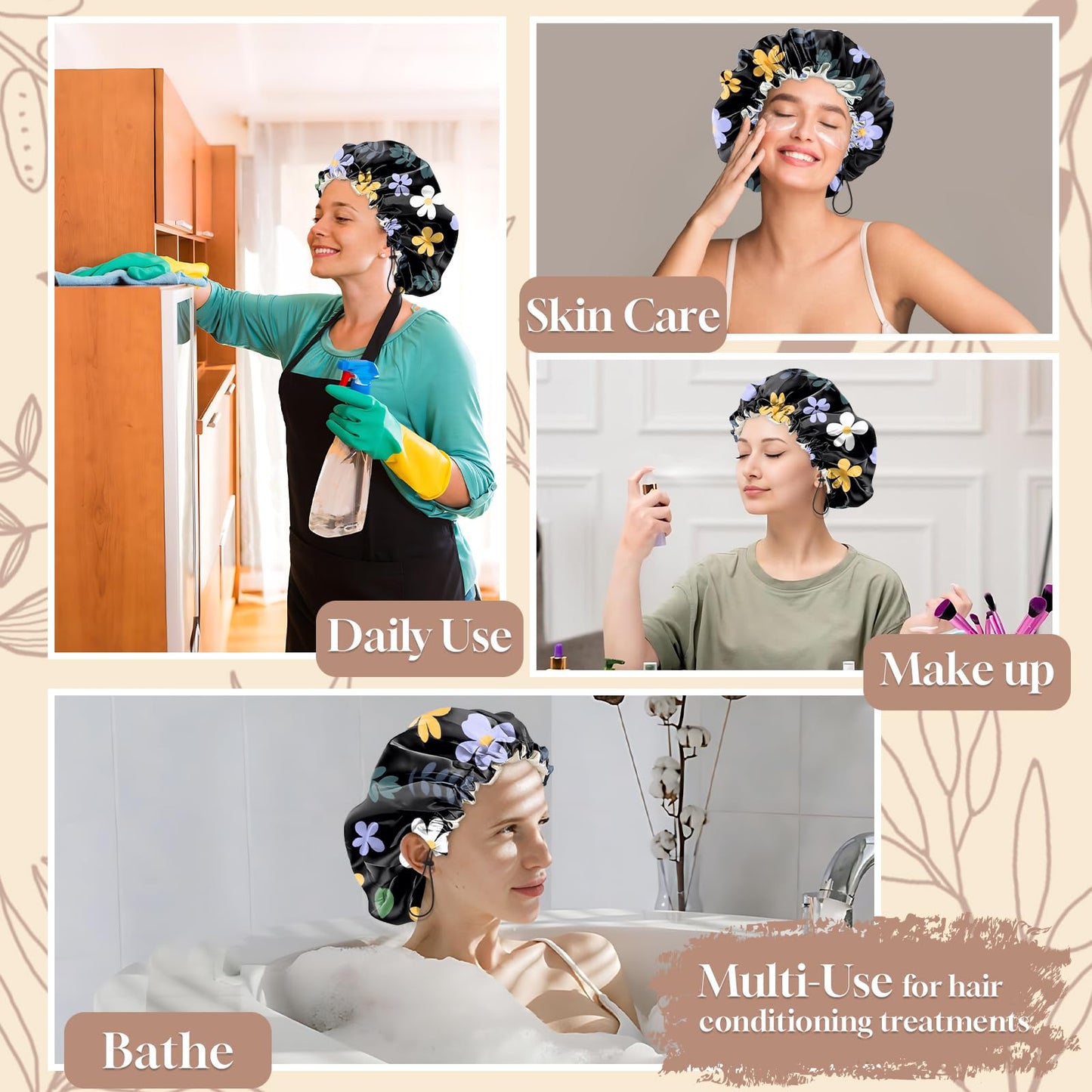Zewurtuw Luxury Shower Cap Adjustable Reusable Double Waterproof Layer Elastic Satin Lined Hair Bath Cap Cute Aesthetic Women Girls-Purple Flower