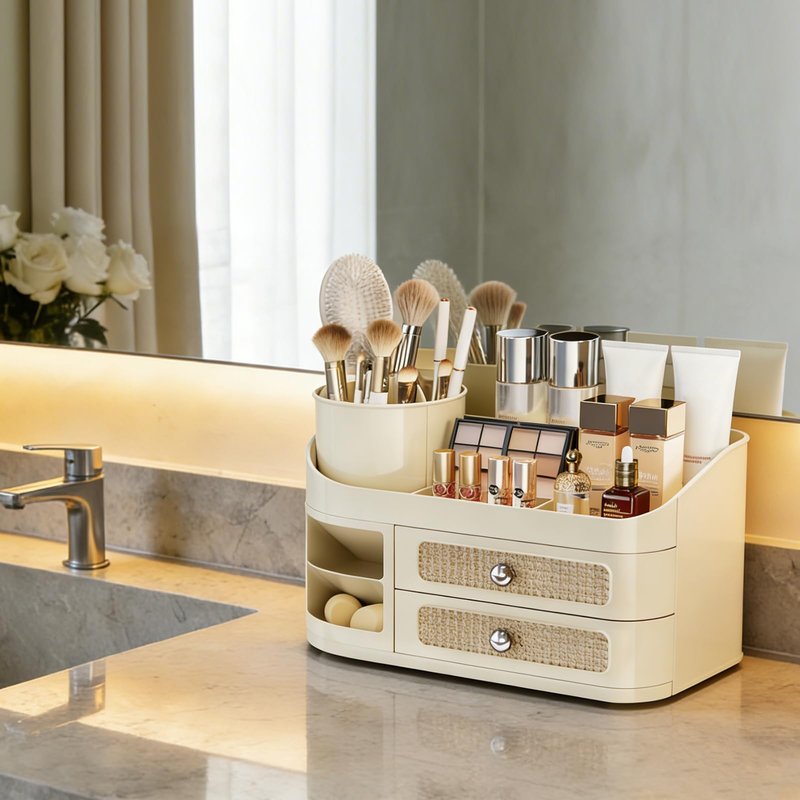Hoiwio Makeup Organizer for Vanity with 360° Rotating Removable Brush Holder - Bathroom Countertop Dresser Organization, Beauty Cosmetic Storage with Drawer for Skincare, Perfumes, Lipsticks