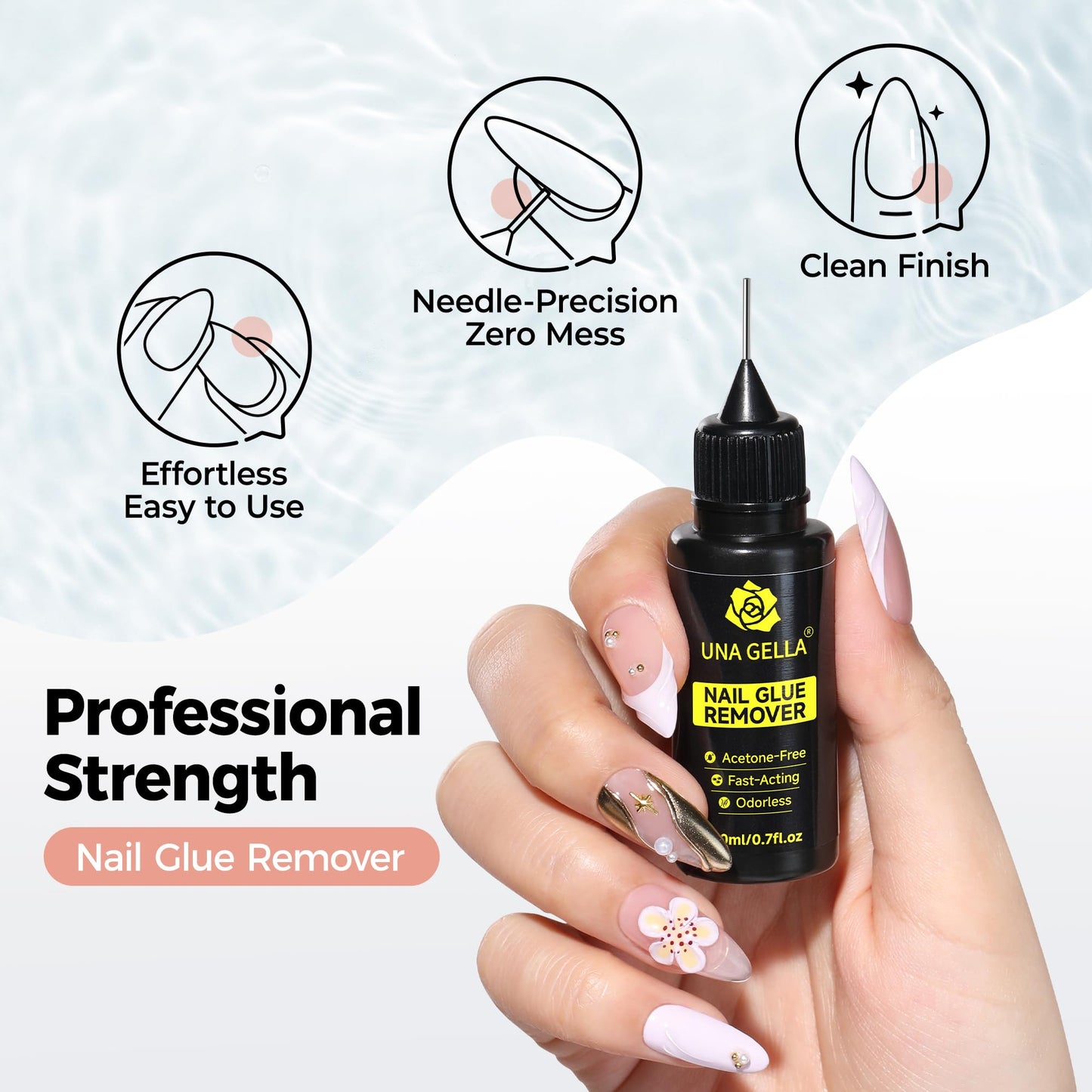 UNA GELLA Nail Glue Remover for Press on Nails，20ml Pinpoint Non-Acetone Semi Solid Nail Glue Remover for Nails Tips，Gentle GLUE Remover with Upgraded Stick Easy Removal