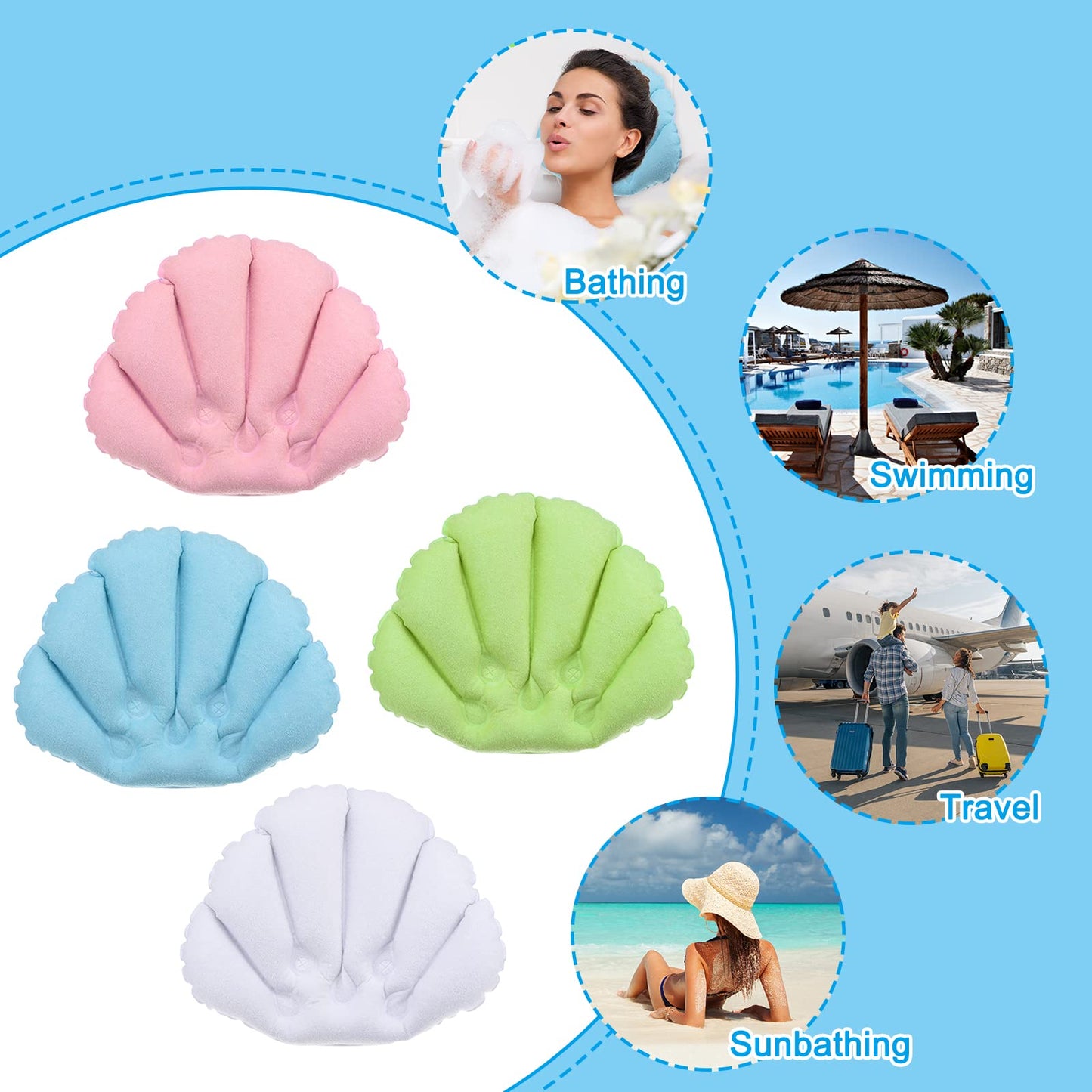 PATIKIL Inflatable Bath Pillow with Suction Cups, 3 Pack Terry Cloth Covered Shell Shape Bath Pillow Neck Support for Bathtub Hot Tub (Pink, White, Green)