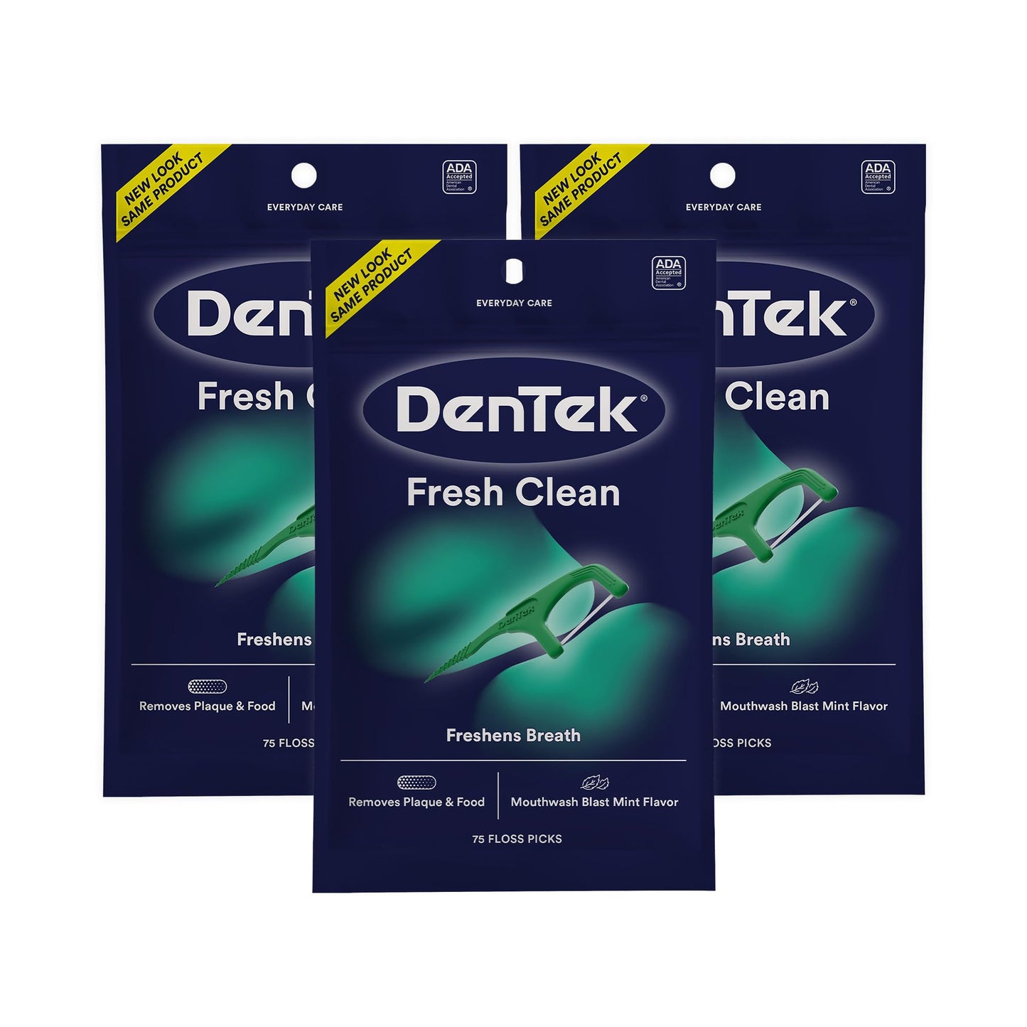DenTek Fresh Clean Floss Picks, Extra Tight Teeth Dental Flossers, Freshens Breath, Removes Plaque and Food, Mouthwash Blast Mint Flavor, 75 Count (Pack of 3)