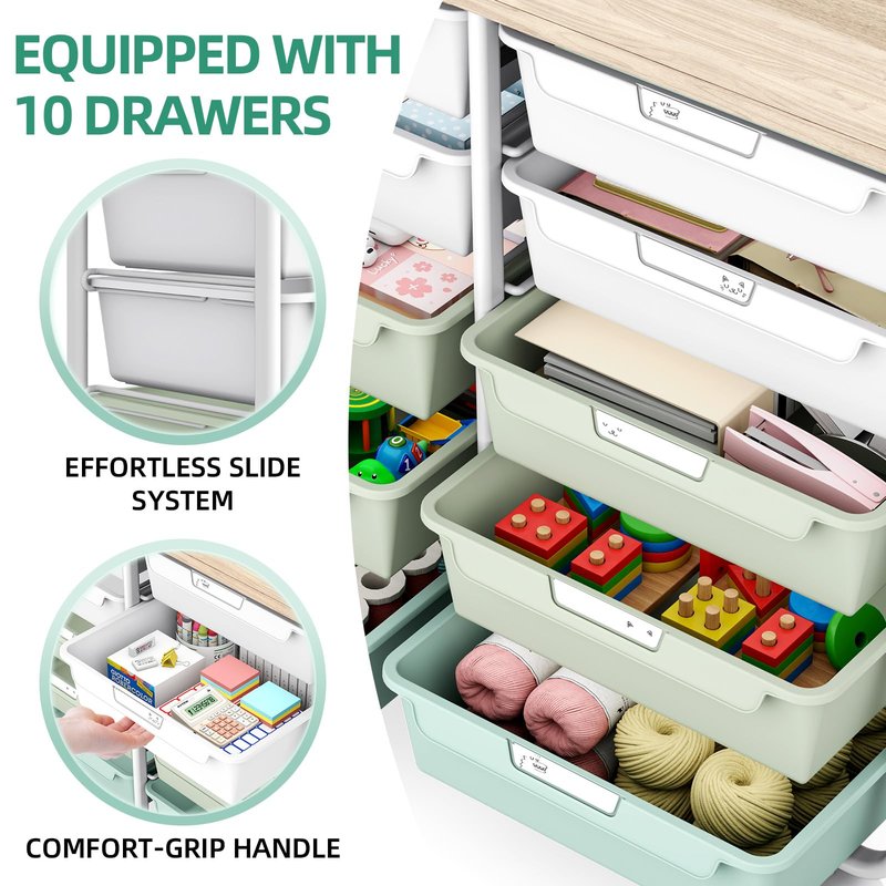 10 Drawers Rolling Cart with Wooden Tabletop, Utility Storage Cart with Wheels, Art Supply Craft Organizer on Wheel with Metal Frame & Handles for Home Office School,Green
