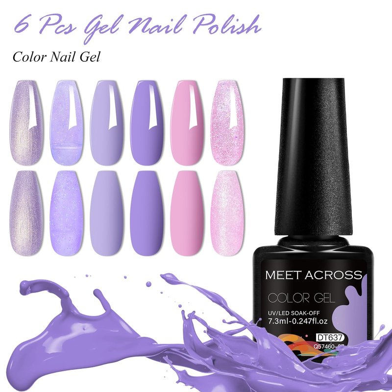 MEET ACROSS Gel Nail Polish Set 6 Colors Purple Glitter Gel Nail Polish Neutral Pearl Pink Shimmer Mermaid Nail Drawing Soak Off LED Art Kit Salon DIY Gift for Women