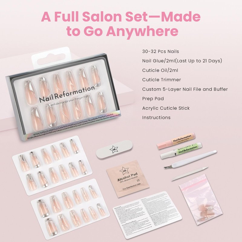 Nail Reformation Press On Nails, Shooting Star | Pink Long Coffin Fake Nails with 3D Metallic in a Glitter Finish, Reusable Stick On Nails in 15 Sizes - 30 False Nail Kit with Glue, Gifts for Women