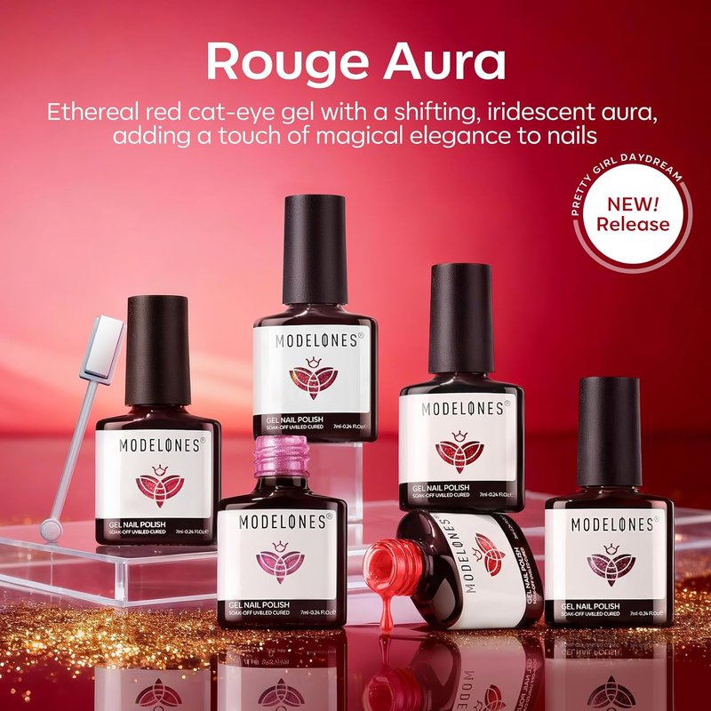 Modelones Cat Eye Gel Nail Polish Set - 6 Colors Including Red Glitter & Burgundy Ruby | Soak Off LED Gel for DIY Nail Art