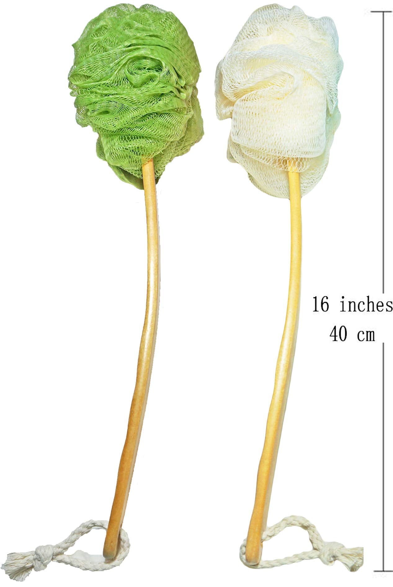 Shower Loofah Body & Back Scrubber - Exfoliating Loofah Bath Brush On a Stick - with Long Wooden Handle Back Brush for Men & Women - Easy Reach Body Wash & Lotion Applicator（ 2 Pack- White&Green）
