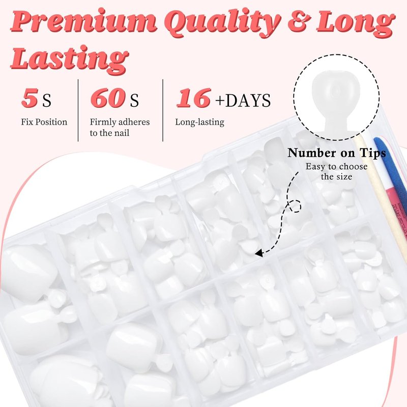 Press-On Toenails for Women - 168pc Short Square Acrylic Toe Nail Tips | White Fake Toenails with Glue Tabs