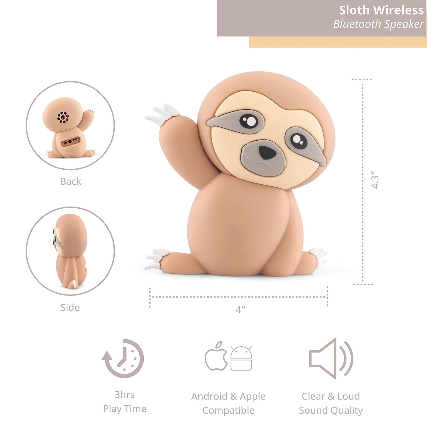 Funx Accessories Sloth Bluetooth Wireless Speaker, Animal Design for Kids of All Ages, Average 3 Hours of Playtime, 3W Output, Compatible with iPhone and Android Devices