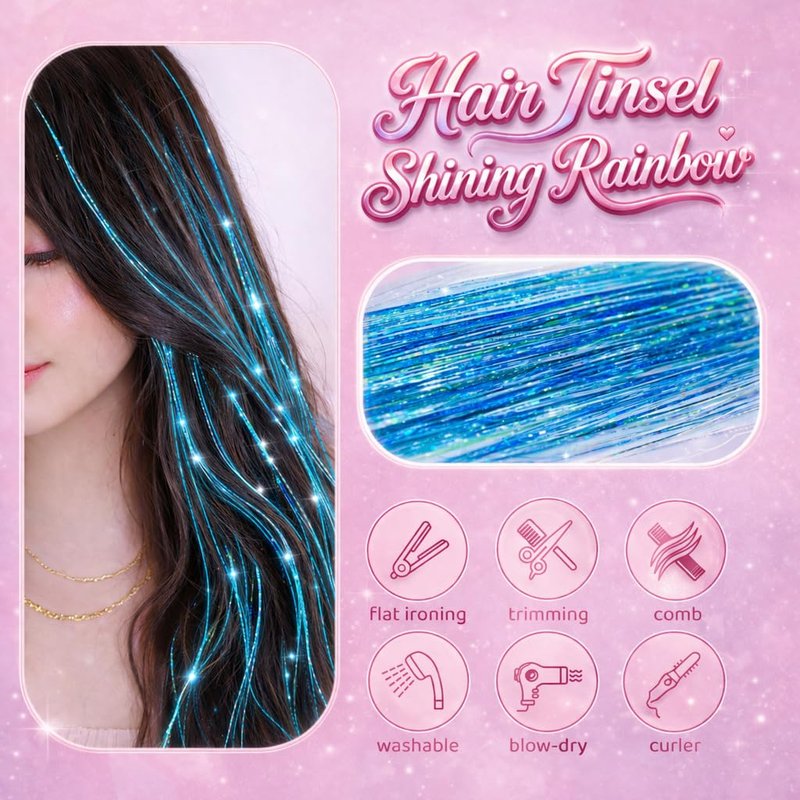 Lack Blue Hair Tinsel, 8 Pcs Fairy Hair Tinsel Kit for Girls Women 48 Inch 3200 Strands with Tools Hair Accessories Glitter Tinsel Hair Extensions for Party Festival Christmas (Lack Blue)