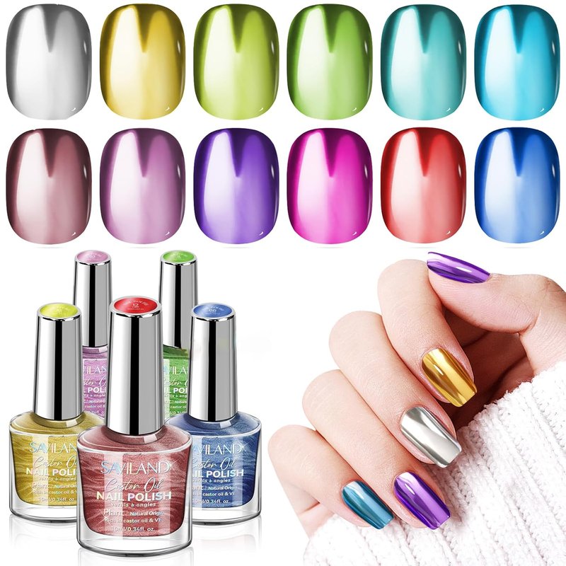 SAVILAND Metallic Nail Polish Set - 12 Chrome Colors with Base & Top Coat | Quick-Dry Glitter Holographic Finish