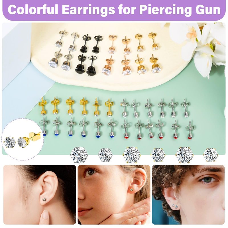 Professional Ear Piercing Gun, Reusable Ear Piercing Machine with Colorful Crystal Earrings Set for At Home Salon Earlobe Cartilage Helix Tragus Piercing Tool Kit
