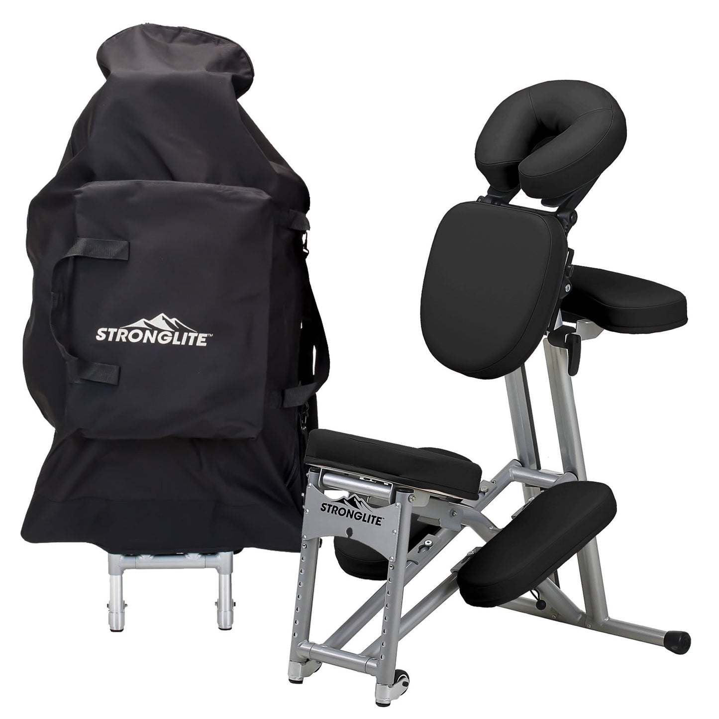 STRONGLITE Portable Massage Chair Ergo Pro II - Ultra-Strong, Lightweight, Foldable Tattoo Spa Chair with Wheels & Carry Case (600lbs Working Weight), Black