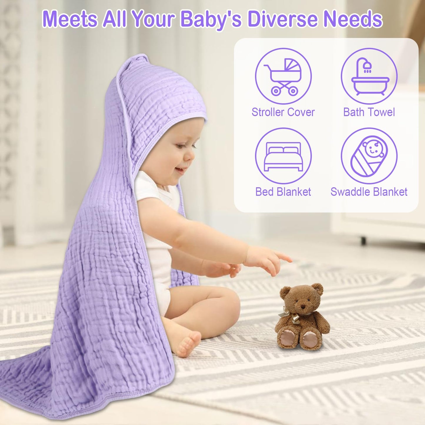 Synrroe 2 Pack Hooded Muslin Cotton Baby Towels, 32x32Inch, Pink & Purple