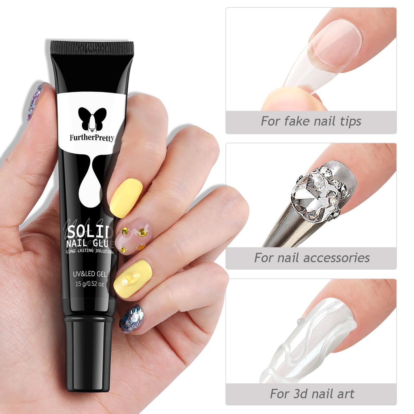 Skiennix Solid Nail Glue Gel Kit - Super Strong 15ml Adhesive with UV Lamp for Press-On Nails