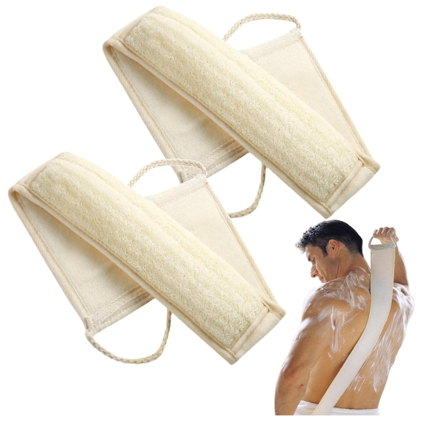 YUNKWONG Natural Loofah Sponge, Exfoliating Body Scrubber for Men Women, Loofah with Handle, Exfoliating Back Scrubber for Shower Set, Deeply Clean & Invigorate Your Skin (2 pcs in Box)