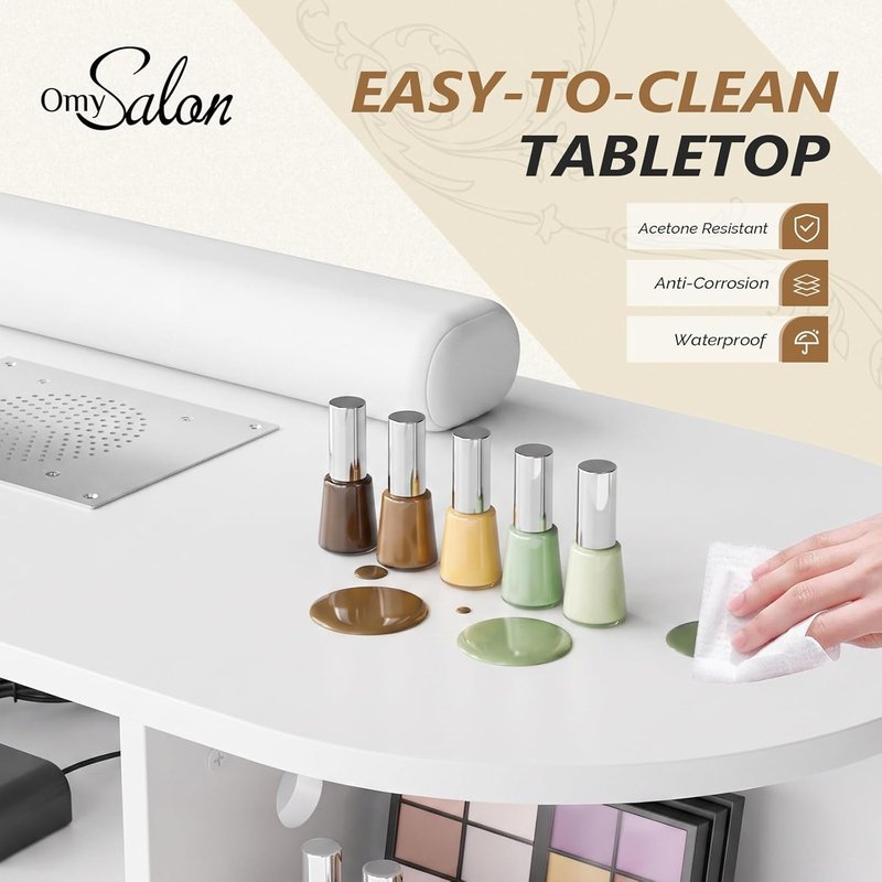OmySalon Nail Desk - Professional Rattan Manicure Table with Electric Dust Collector & Storage Drawers (White)