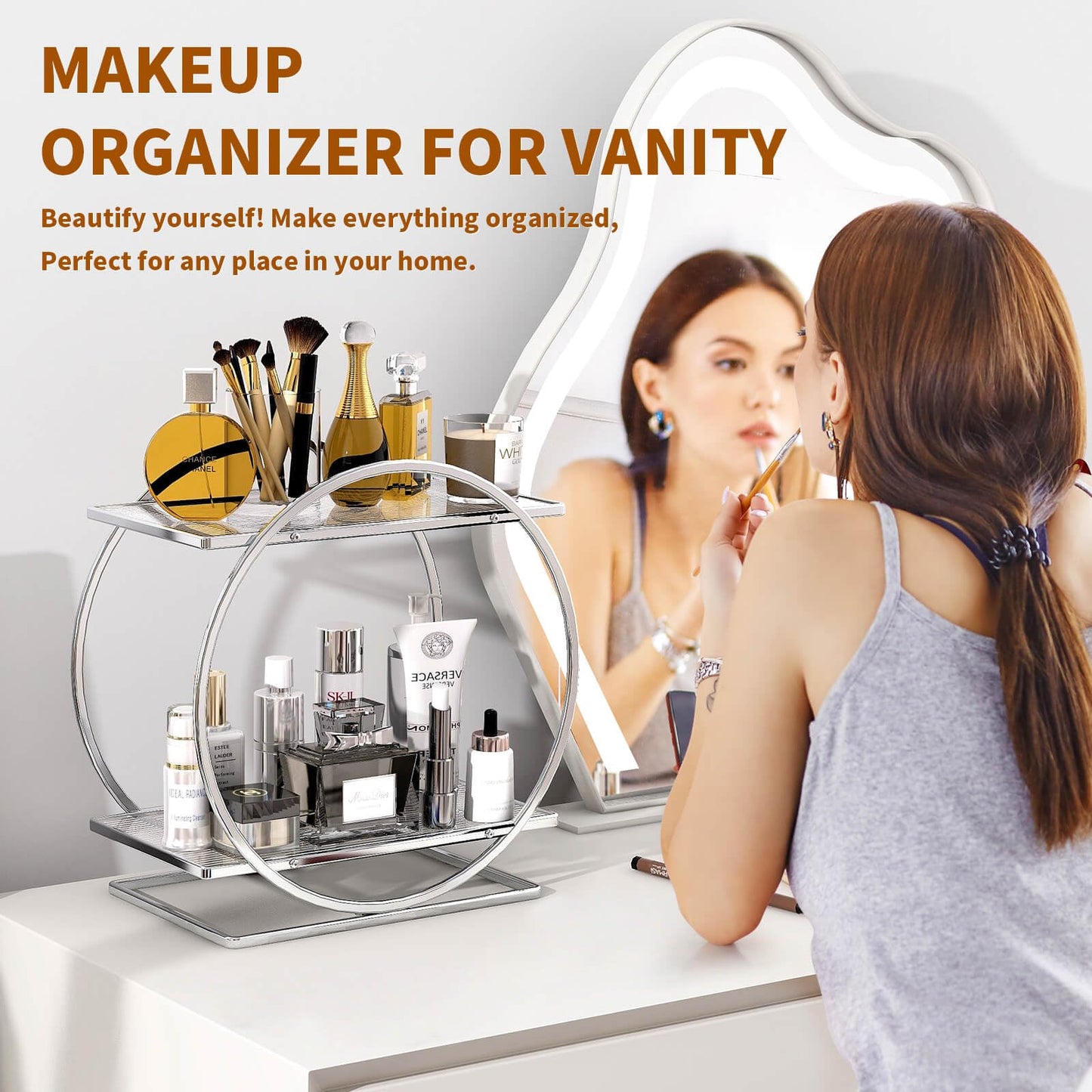 YIWANFW Perfume Organizer for Bedroom Dresser- Sliver Makeup Organizers for Vanity, 2 Tier Bathroom Countertop Organizer Perfume Tray Skincare Storage Cosmetic Display Rack, Make Up Counter Shelf