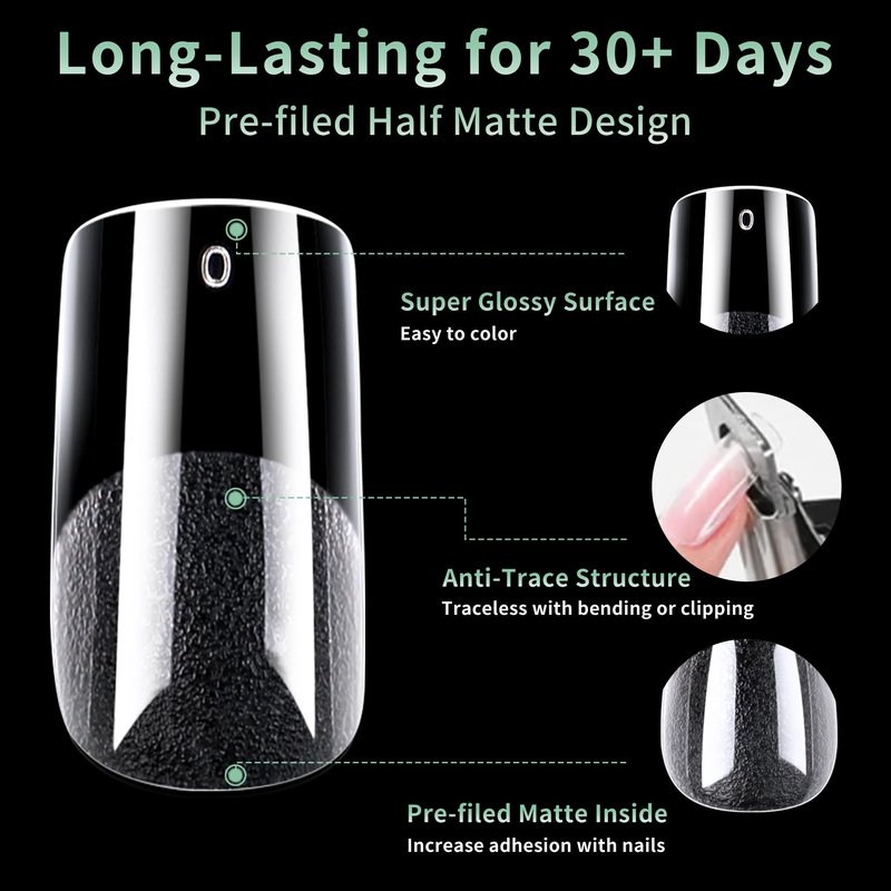 Medium Square Nail Tips, 216pcs Acrylic Fake Nails Gel Nail Tips Soft, Full Cover Pre-Shaped Matte Clear Press on Nails for Extension, Diy at Home Manicure 12 Sizes