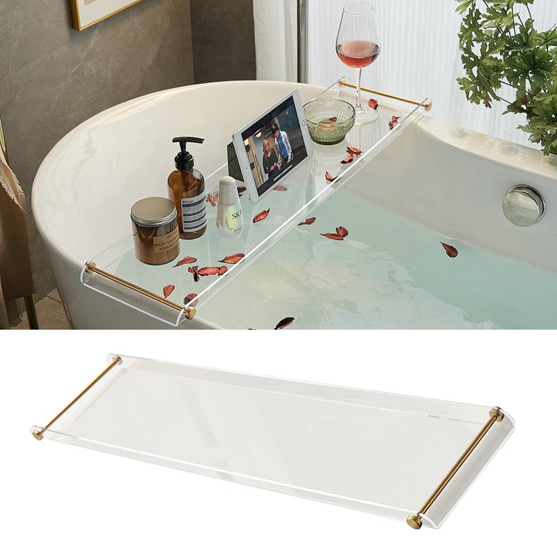 Bathtub Tray Clear Caddy Rack Acrylic Tub Tray Shelf with Gold Rails 31.5 inches Bathroom Accessories Rack Suitable for All Bathtubs.