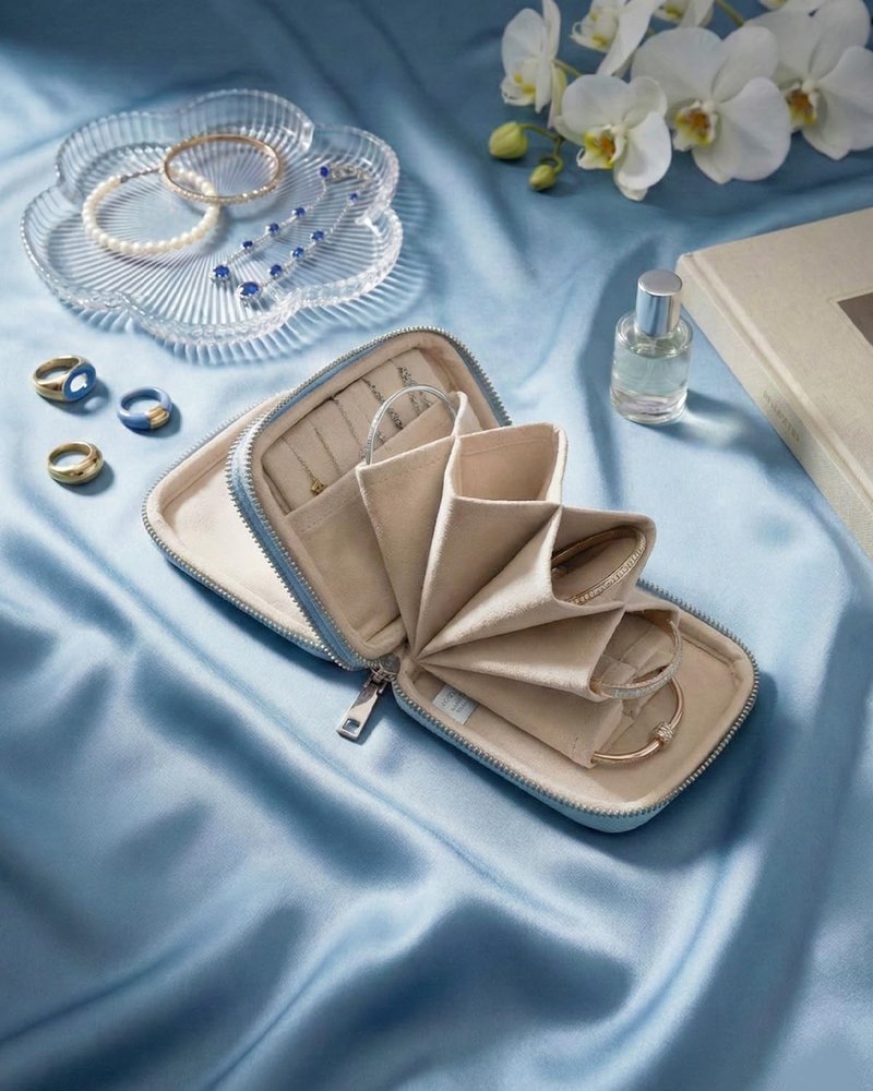 Jewelry Organizer - Open Flat Travel Case for Earrings, Necklaces, Rings & More | Blue