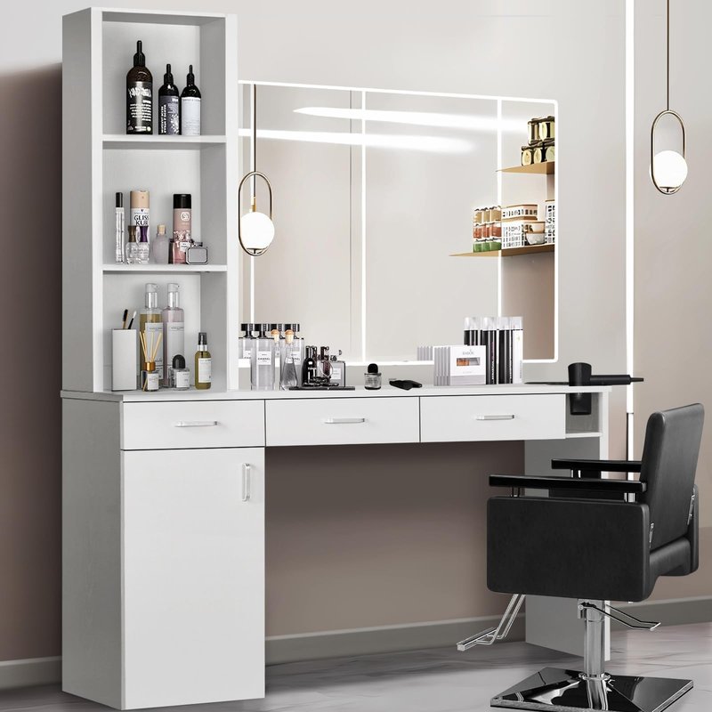 4ever2buy Hair Salon Station for Hair Stylist, Salon Wall Station with Barber Cabinet, Barber Stations Equipment Hair Dryer Holder, Drawers (White)