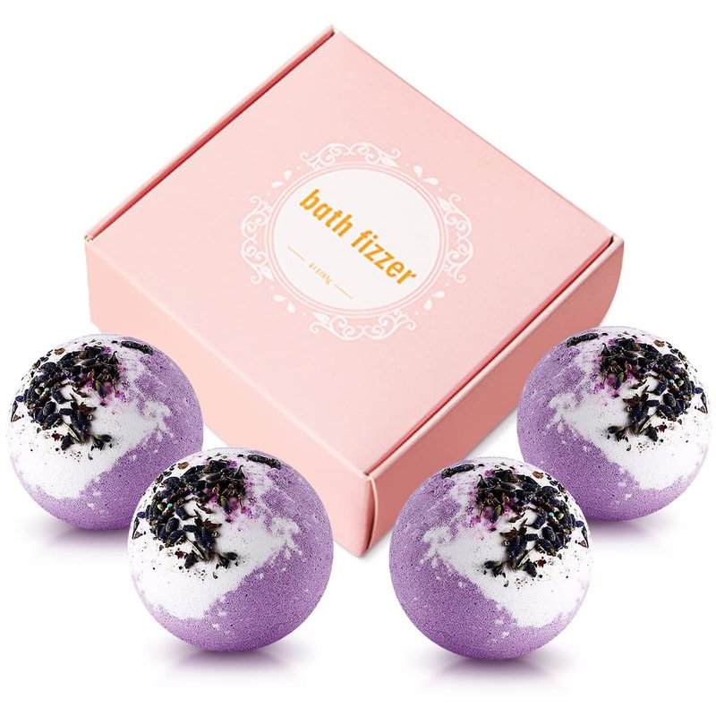 KASTU Dried Flower Bath Bombs Salt Balls,4-Pack Gift Set,Lavender Extract Essential Oils,Moisturizing Dry Skin,Fizzy Spa,Relaxation,Self Care,Relaxing,Bubble Bath Bomb Gifts Idea for Men Women