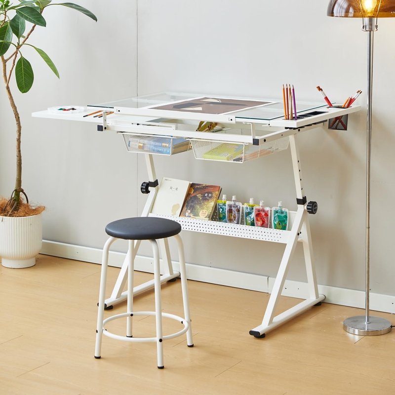 MegaChoice Drafting Table w/Stool, Height Adjustable Multifunctional Art Craft Artists Desk, Tilting Glass Tabletop Diamond Paintings Work Station w/2 Storage Drawers & for Tray Home Office