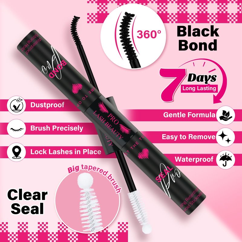 PROLASHBEAUTY Lash Cluster Glue 7 Days Long Lasting Bond and Seal Lash Glue Waterproof Lash Bond & Seal for Clusters 1 Week Strong Hold 2-3S Fast Dry(10ml, Black)