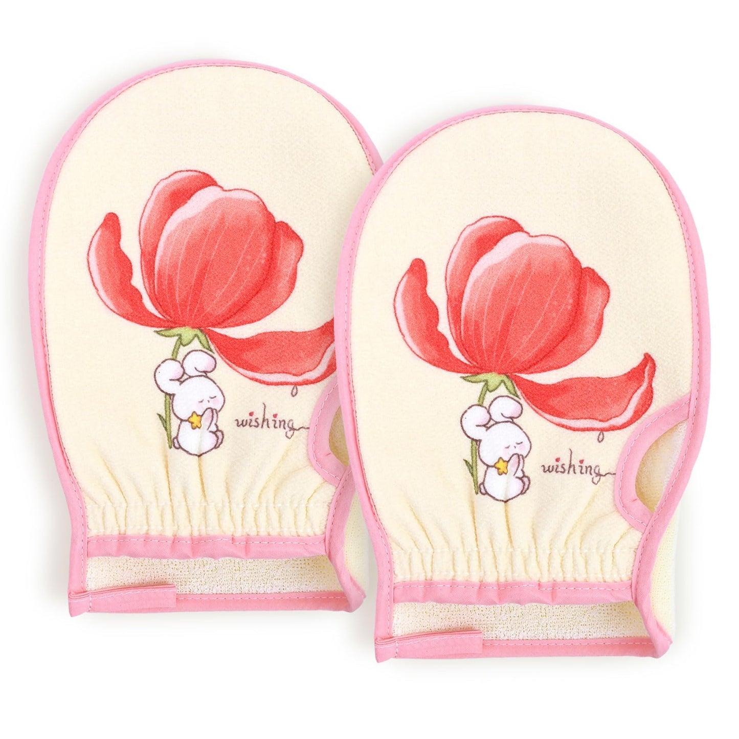 Cleanbear Exfoliating Washcloth Mitt 2 Pack – Dual Texture Bath Mitt for Shower, Fits on Hand Like a Glove, Soft Terry & Gentle Exfoliating Face and Body Scrubber, Pink