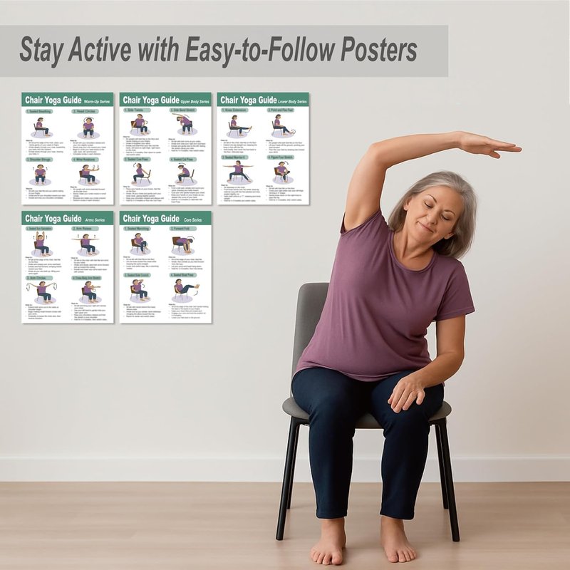 Chair Yoga Poster for Seniors | Set of 5 Illustrated Guides & 30-Day Challenges for Mobility, Balance, Flexibility