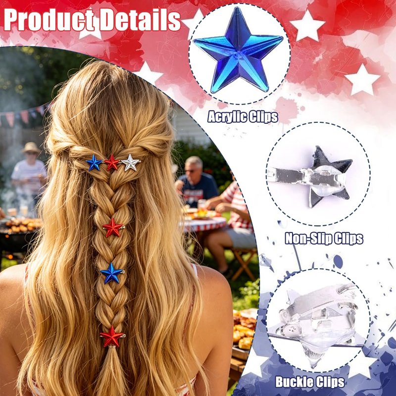 Red White Blue Mini Star Hair Clips 15 Pcs Patriotic 4th of July Hair Accessories for Women Y2K Acrylic Snap Hair Barrettes for Braids Dreadlocks, Independence Day USA Flag Hair Pins for Party Decor