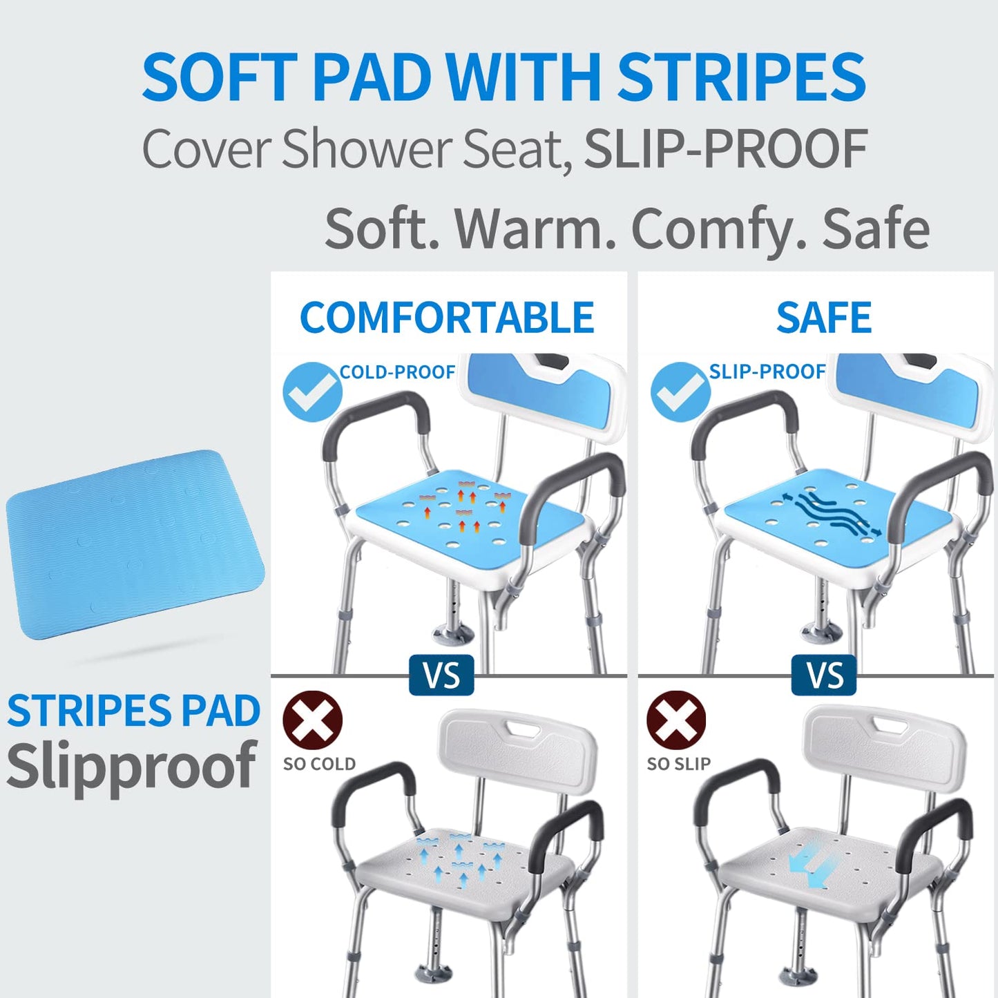 Waterproof Shower Chair Cushion Soft Foam Pad for Shower Seat Inside Bathroom, Non Slip Stripes Surface Bathtub Mat with Stickable Backing, Bath Rug Dry Quickly