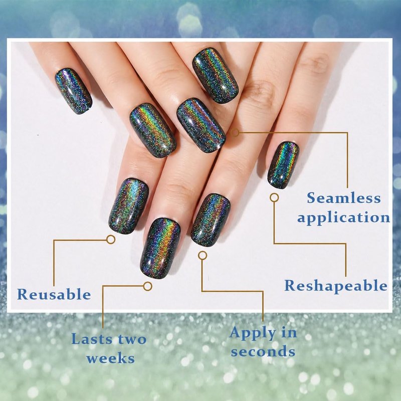 Black Chrome Metallic Cat Eye Press-On Nails | Medium Square, No Glue, Iridescent Glitter for Women