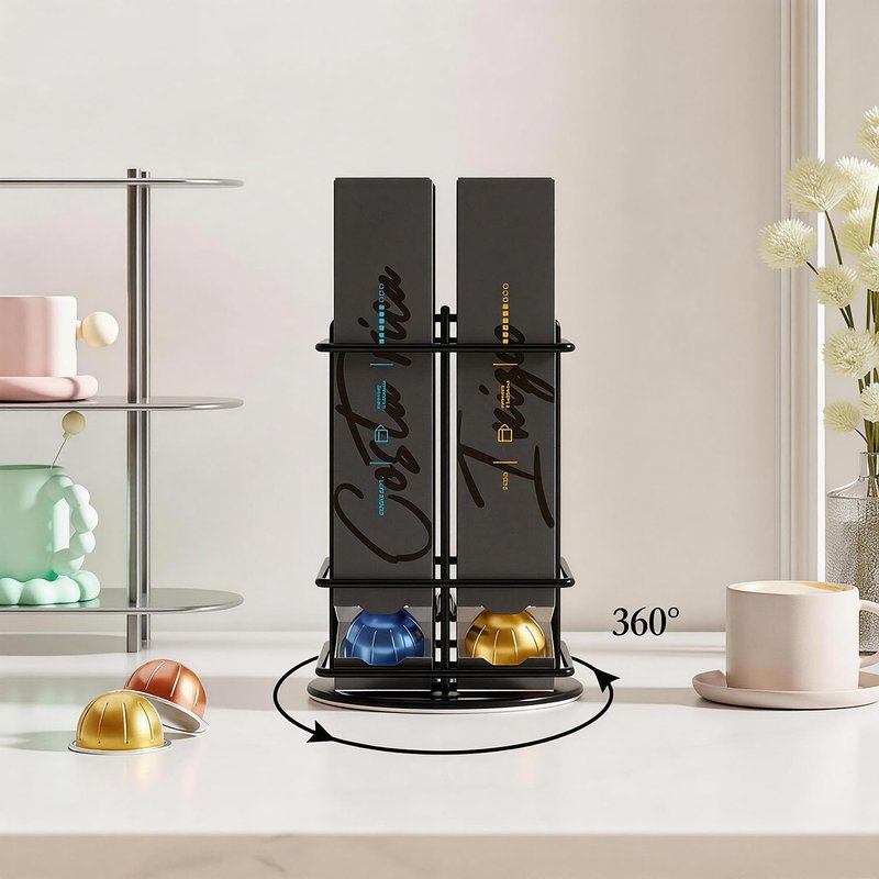 Bremoon Rotating Coffee Pod Holder Compatible with Vertuo Stores for Nespresso Vertuoline Capsules Space Saving Black Metal Organizer for Kitchen Counters Capacity of 40 pcs