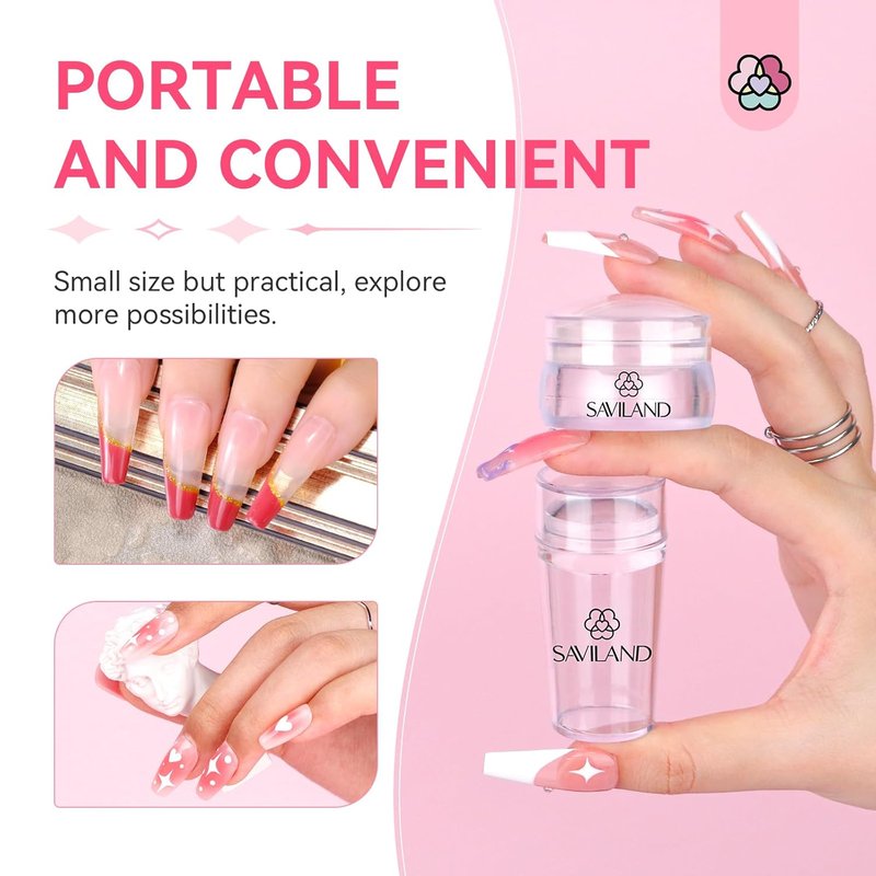 Saviland Silicone French Tip Nail Stamp Kit - 2PCS Reusable Jelly Stamper with Chrome Powder & 4 Art Stampers
