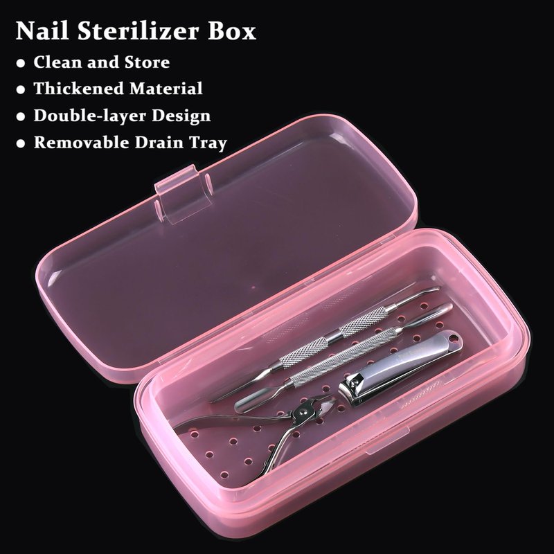 Nail Tool Sterilizer Box Plastic Sterilization Tray for Nail Art Accessories Tools, Disinfectant Container Soaking Box with Strainer Pedicure Manicure Cleaning Equipment, Pink