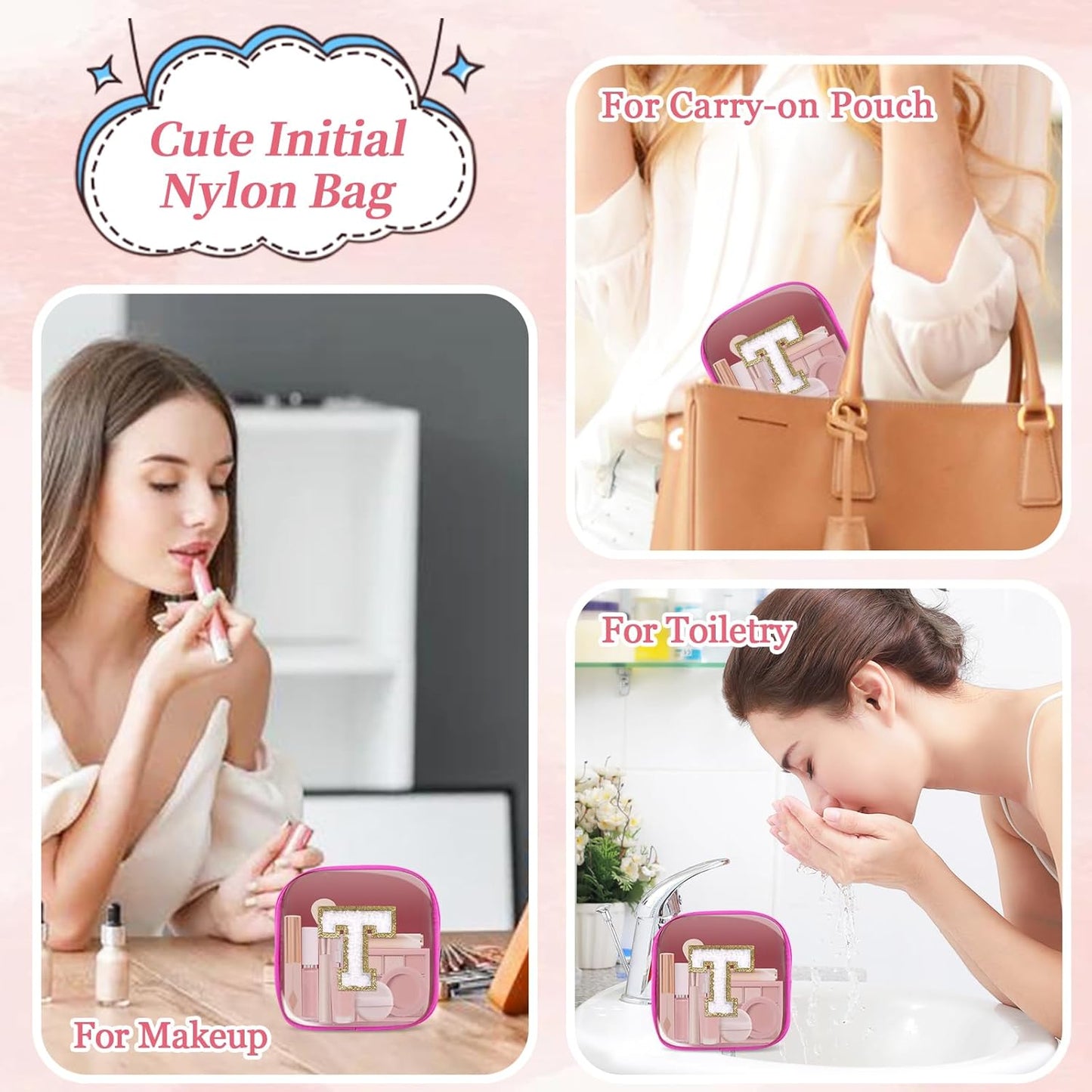 Skiennix Mini Clear Makeup Bag - Personalized Initials | Waterproof Nylon Travel Pouch (Hot Pink-White)