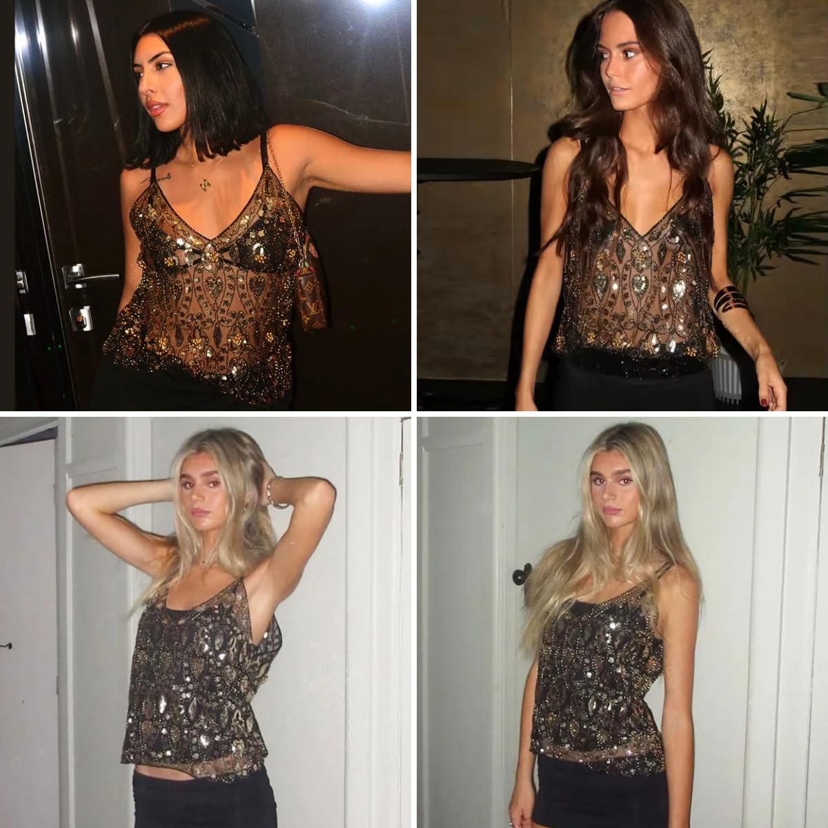 Suillty Women's Sparkly Sequin Beaded Camisole Sexy V-Neck Sheer Mesh Tank Top Party Clubwear Going Out Vest
