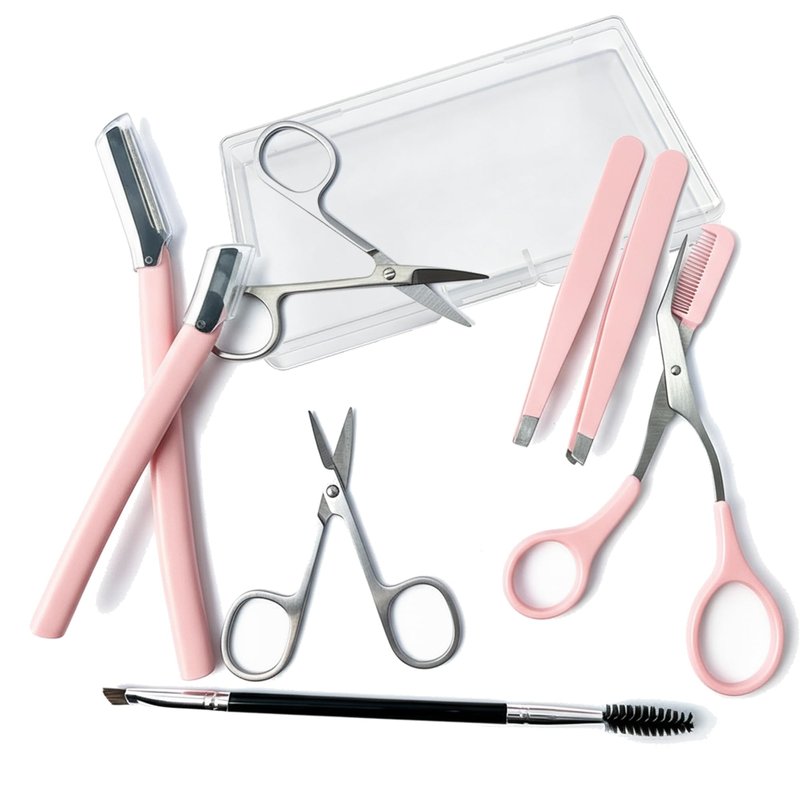 MIQUENYA 8 Pcs Eyebrow Kit, with Small Eyebrow Scissors with Comb,Eyebrow Razor Kit, Eyebrow Tweezers, Stainless Steel Nose Hair Scissors, Double-ended eyebrow Brush,Travel Size or Home, Gifts, Pink