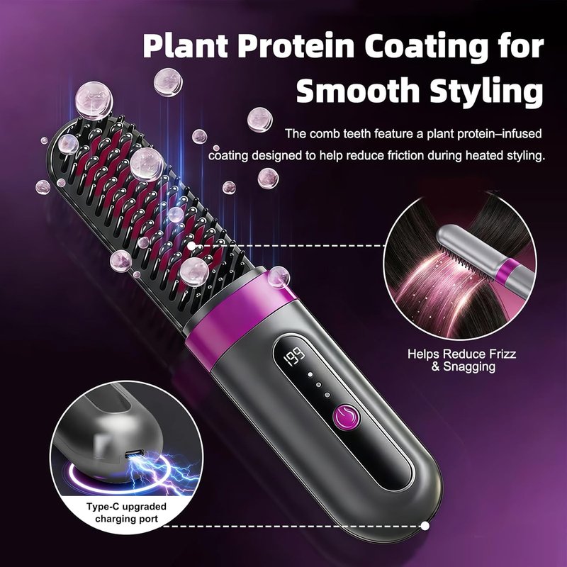 Cordless Hair Straightener Brush - Fast-Heating Portable Styling Tool with 3 Temperature Settings | Travel-Friendly Design