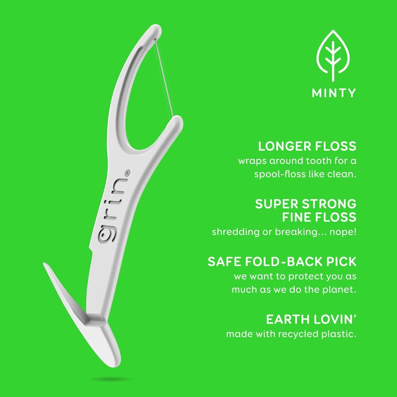 GRIN Clean Flosspyx, Floss Picks, 150 Count, Dental Flossers, Minty Flavor, Recycled Plastic, Super Strong Fine Floss, Tight Teeth, Premium Longer Floss Head, Includes Safe Fold-Back Tooth Pick