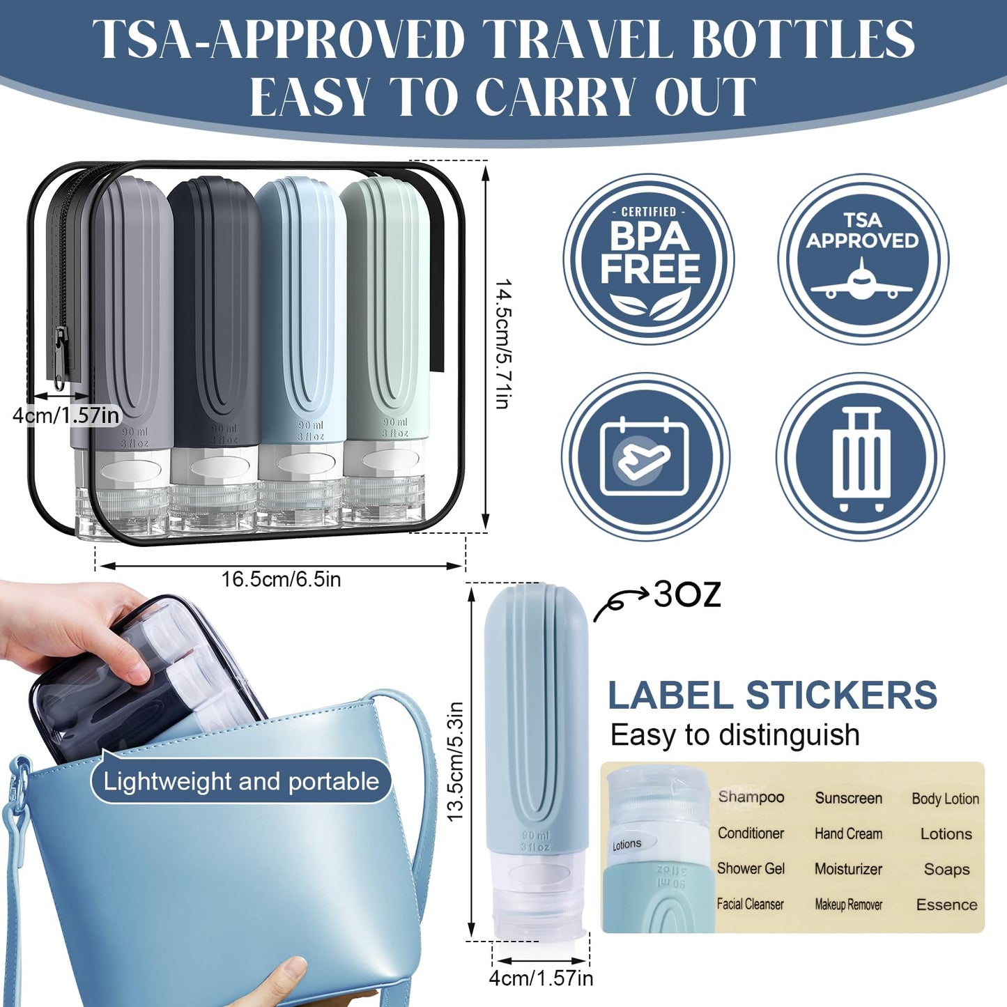 YIIMER Travel Bottles for Toiletries, 3oz TSA Approved Travel Size Toiletries, Silicone Leak-Proof Refillable Containers, Squeezable Liquid Essentials Bottles W/Clear Bag (GRAY)