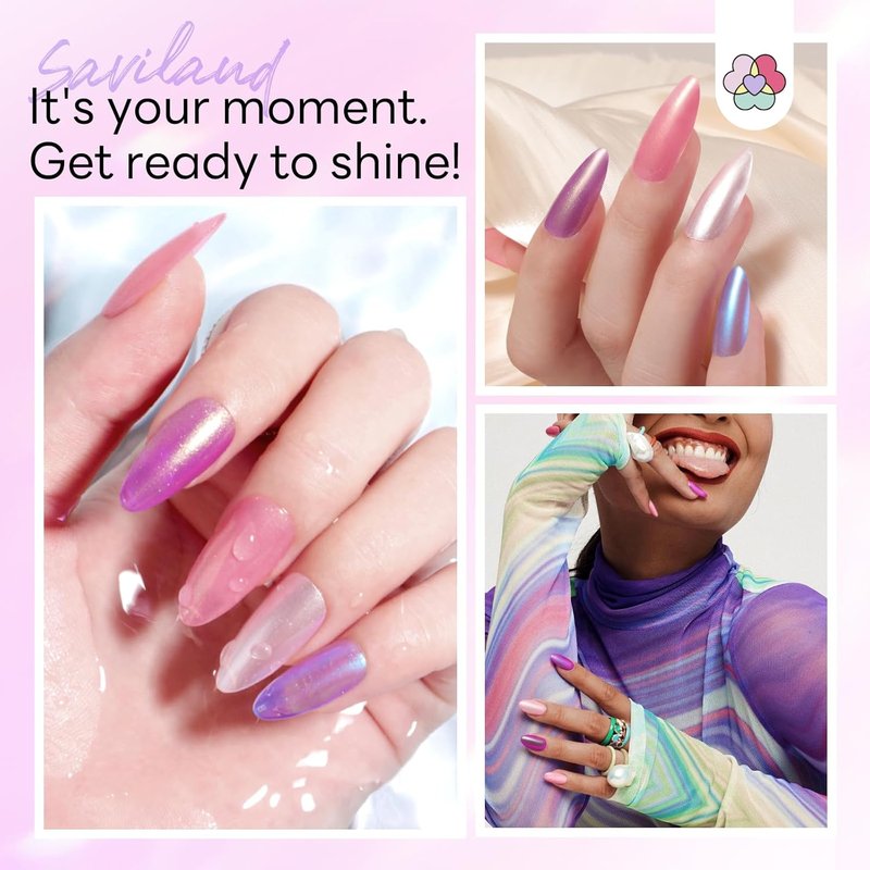 SAVILAND Pearl Nail Polish Set: Quick Dry 12-Free Aurora Summer Nail Polish 6 Shimmer Purple Pink Blue Colors Fingernail Polish Set Vegan Nail Toes Lacquer DIY Nail Art Home Use Christmas Gift Women
