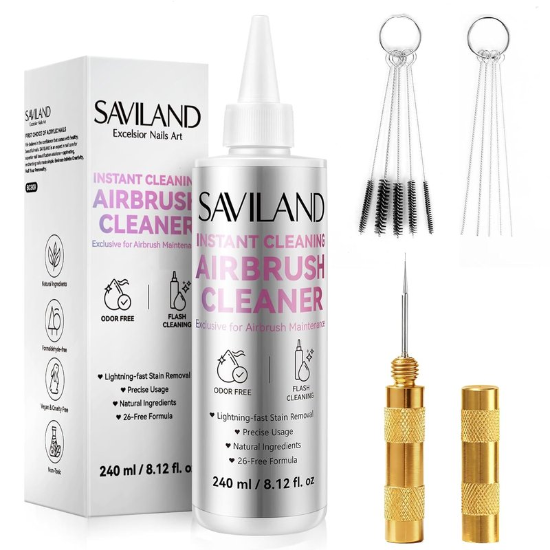 SAVILAND Airbrush Cleaner Kit - 240ml Low Odor, Acetone-Free Solution with Cleaning Brush & Nozzle Reamer for Nail Art