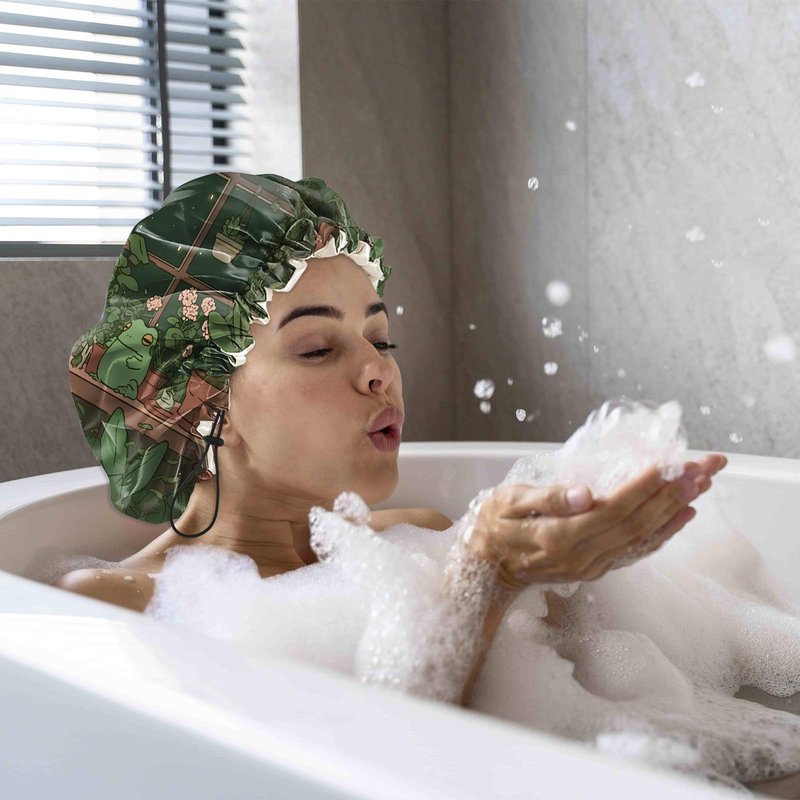 Cabreche Luxury Shower Cap Satin Silk Lined Adjustable Elastic Reusable Waterproof Shower Bath Cap Cute for Women Girls-Frog