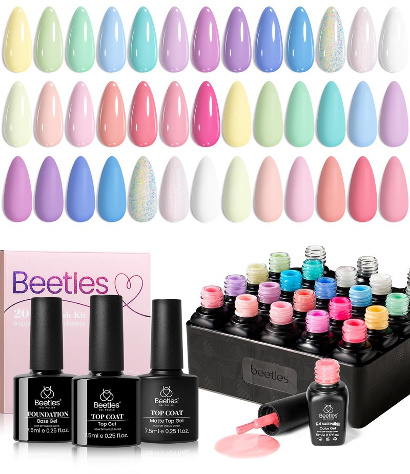 beetles Pastel Gel Polish Set - 20 Colors Spring Gel Nail Kit Dreamy Town Collection Macaroon Pink Yellow Green Blue Glitter Manicure Kit with 3Pcs Base Top Coat Uv LED Summer Gifts for Women