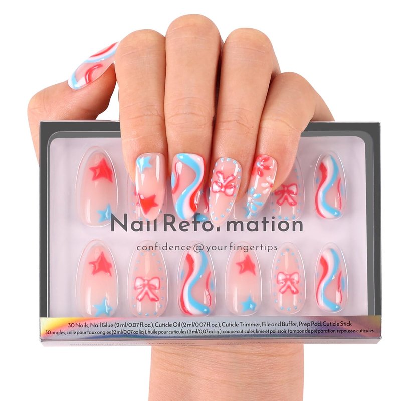 Nail Reformation Press On Nails, Red White & Blue Swirl Medium Almond Fake Nails with 3D Stars & Bows in Glossy Finish, Reusable Stick On Nails in 15 Sizes - 30 False Nail Kit, Gifts for Women