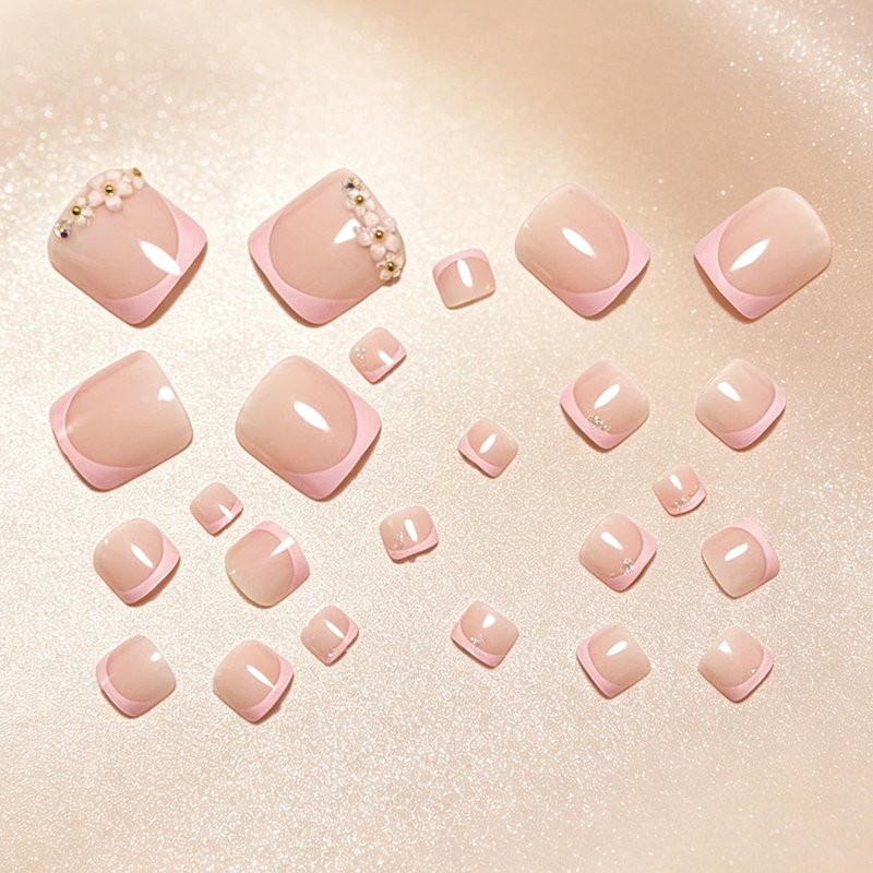 Pink French Tip Press on Toenails Short Square Fake Toe Nails with Flower Charms Nude Glossy Toe Nail Press ons Spring Summer Floral Toe Nail Tips Acrylic Stick on Toenails for Women 24Pcs