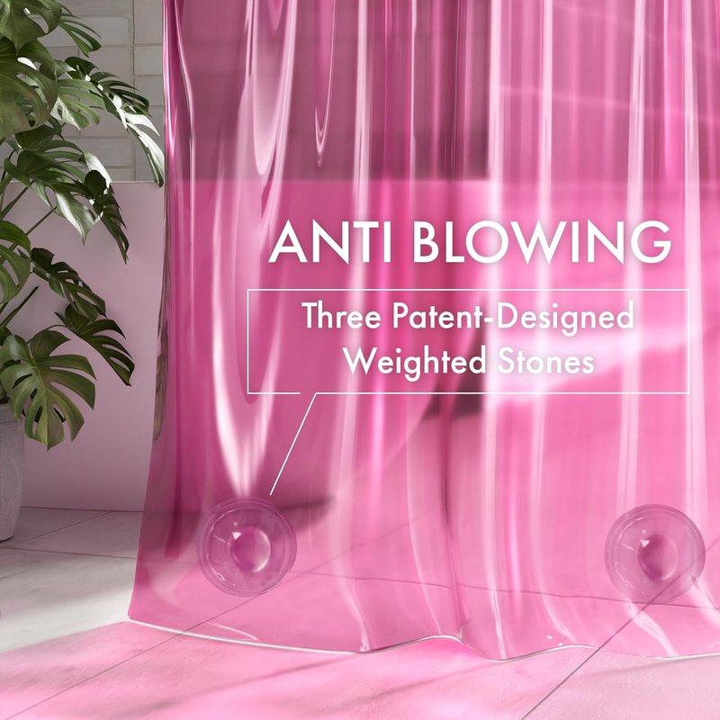 AmazerBath No Hook Shower Curtain and Liner 3-in-1, 8G Luxury Heavy Duty Clear Hot Pink No Hook Shower Curtain Liner, 72x75 Cute EVA Bathroom Weighted Plastic Shower Curtain with 3 Heavyweight Stones