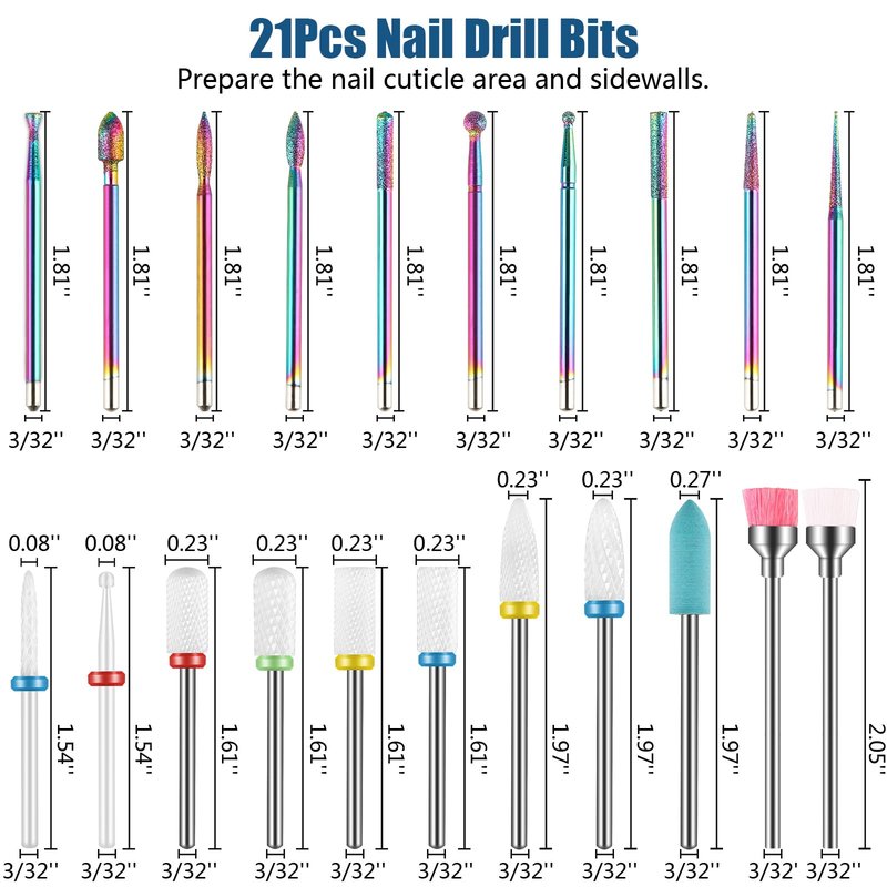 Depvko 21pcs Nail Drill Bits Sets, 3/32 Inch Cuticle Electric Nail File and Ceramic Acrylic Gel Nail Bit Kit, Acrylic Nail Art Tools, Carbide Remover Bits for Manicure Pedicure, Home Salon